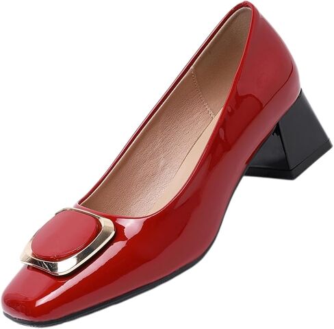 Women Shiny Upper Square Toe Mid Block Heel Buckle Decor Slip-Ons in Kuwait