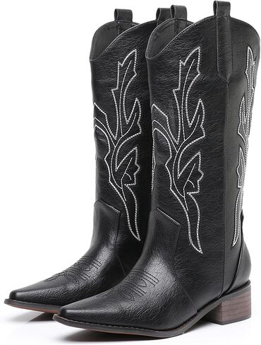 Cowboy Boots for Women - Chunky Block Heel Mid-calf Pointed Toe Cowgirl Boots,Comfortable Western Boots with Zipper Stitched Embroidery for Country Concert Dancing Wedding Travelling Daily Outfits in Kuwait