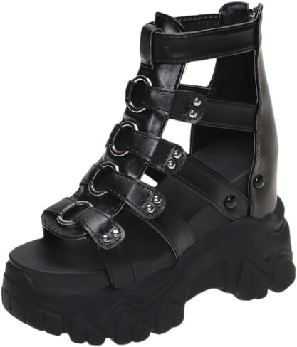 Women's summer platform high-heeled punk style sandals with perforated design, breathable and comfortable, suitable for outdoor daily wear. in Kuwait