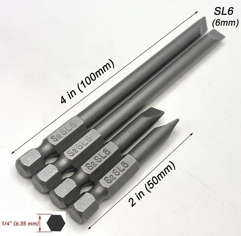 SL6 Slotted Screwdriver Bits Set, 2" & 4" Long Flat Head Drill Bits, 1/4" Hex Shank, Impact Driver Bit Set for Tight Space & Deep Reach in Kuwait