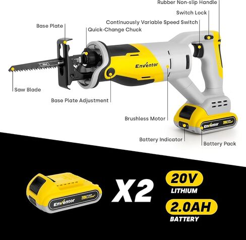 ENVENTOR 20V Cordless Reciprocating Saw with 2 Packs 2.0Ah Batteries, Fast Charger, Brushless Power, 5 Saw Blades for Wood, Plastic Cutting in Kuwait