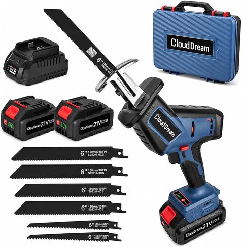 CloudDream Cordless Reciprocating Saw,21V Brushless Motor,0-3500 SPM | Tool-Free Blade Change, 2x2.0Ah Batteries, 6 Blades Included, Wood/Metal/Plastic Cut in Kuwait