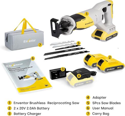 ENVENTOR 20V Cordless Reciprocating Saw with 2 Packs 2.0Ah Batteries, Fast Charger, Brushless Power, 5 Saw Blades for Wood, Plastic Cutting in Kuwait