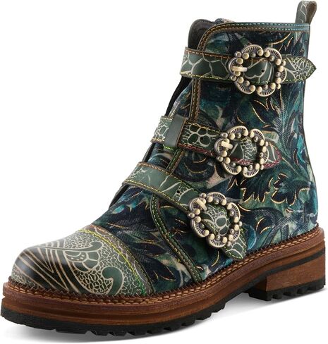 L'Artiste Thisway Women's Boot with Adjustable Buckle Fit and Romantic Design | Leather and velvet combo upper with embossed floral design, three buckle straps, side zipper, rubber outsole, 1½" heel in Kuwait