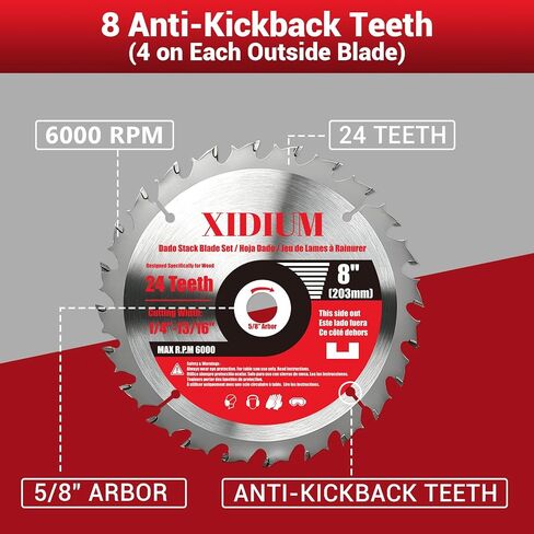8" Dado Blade Set for Table Saw, 5/8" Arbor with Shims, 23PCS | 24T outer +5 chippers +16 shims, 1/4"-13/16", 6000 RPM. Anti-kickback. Plywood, hardwood, MDF, rabbeting & joinery. in Kuwait