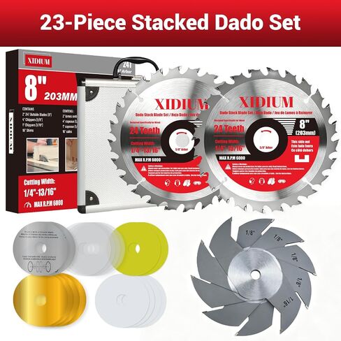 8" Dado Blade Set for Table Saw, 5/8" Arbor with Shims, 23PCS | 24T outer +5 chippers +16 shims, 1/4"-13/16", 6000 RPM. Anti-kickback. Plywood, hardwood, MDF, rabbeting & joinery. in Kuwait