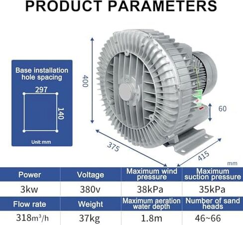 Regenerative Blower High-Pressure Vortex Ring Phase for Sewage Aeration Aquarium Blower Industrial Vacuum Pump,High-Pressure Vortex Ring Blower for Fish Pond, 3KW/380V Industrial Side Chann in Kuwait