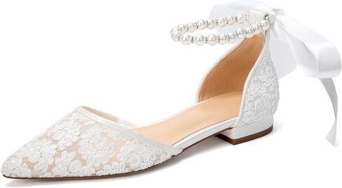 Women's Pointed Toe Lace Wedding Flats for Bride Pearl Bridal Shoes in Kuwait