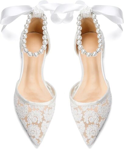 Women's Pointed Toe Lace Wedding Flats for Bride Pearl Bridal Shoes in Kuwait