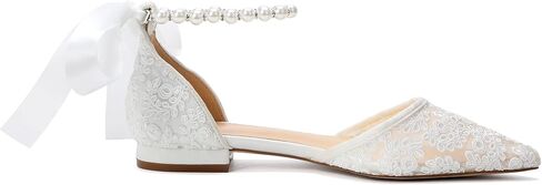 Women's Pointed Toe Lace Wedding Flats for Bride Pearl Bridal Shoes in Kuwait