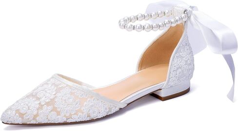 Women's Pointed Toe Lace Wedding Flats for Bride Pearl Bridal Shoes in Kuwait