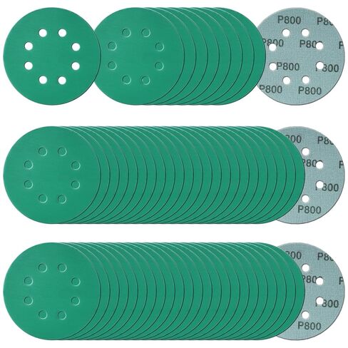 50Pcs 5 Inch 8-Hole Zirconia Sanding Discs, Polyester Film Sandpaper | 400 600 800 1000 1500 Grit Heavy-Duty Hook and Loop Premium Aluminum Oxide Wet Dry Sand Paper for Random Orbital Sander in Kuwait