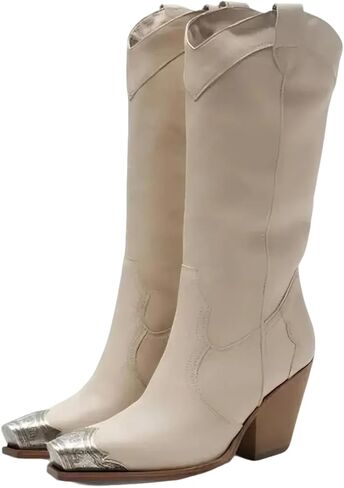 keleimusi Women's Western Cowboy Boots Stacked Block Heel Knee High Cowgirl Boots Steel Toe Side Zipper Western Booties for Women Fashion Retro Tall Boot in Kuwait