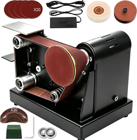 SporGain Mini Belt Sander, 7 Adjustable Speed, 90°Adjustable Dual Worktable | Electric Knife Sharpener with Sanding Belt,Grinding&Polishing Wheel,Small Bench Grinder for Woodworking,Metal Working,Jewelry in Kuwait