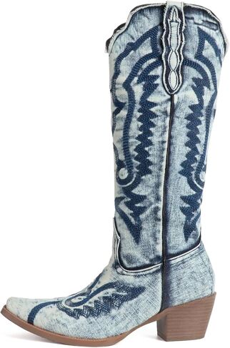 FIFSY Cowboy Boots for Women Knee High Denim Embroidered Jeans Cowgirl Boots Pointed Toe Chunky Heel Vintage Fashion Western Tall Boots in Kuwait