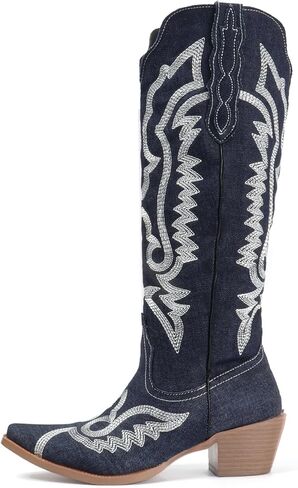 FIFSY Cowboy Boots for Women Knee High Denim Embroidered Jeans Cowgirl Boots Pointed Toe Chunky Heel Vintage Fashion Western Tall Boots in Saudi Arabia