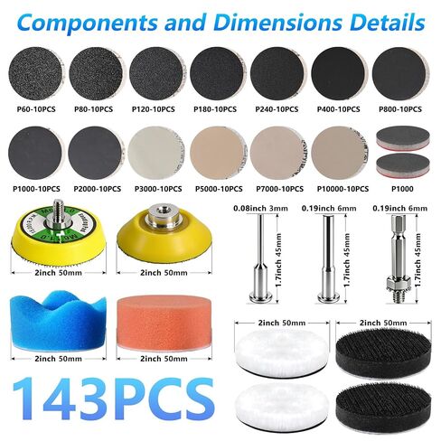 143 PCS 2 in Drill Polishing Kit 60-10000 Grit Hook and Loop Sanding Discs | Wet Dry, Hook and Loop Sanding Discs, Headlight Restoration Kit, Sandpaper Pads, Rotary Tools, for Wood, Metal, Glass in Kuwait