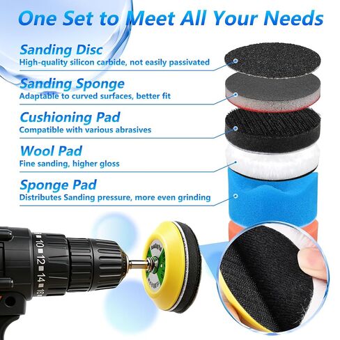 143 PCS 2 in Drill Polishing Kit 60-10000 Grit Hook and Loop Sanding Discs | Wet Dry, Hook and Loop Sanding Discs, Headlight Restoration Kit, Sandpaper Pads, Rotary Tools, for Wood, Metal, Glass in Kuwait