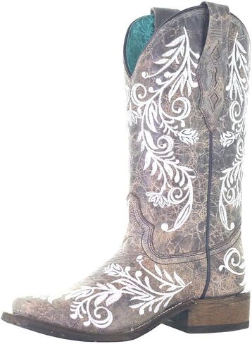 Corral Boots Women's Brown Handcrafted Western Boots | Square Toe Cowboy Boots with Glow-in-the-Dark White Feather and Floral Embroidery in Kuwait