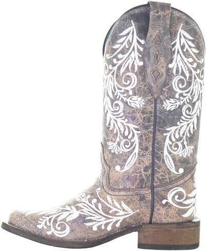 Corral Boots Women's Brown Handcrafted Western Boots | Square Toe Cowboy Boots with Glow-in-the-Dark White Feather and Floral Embroidery in Kuwait