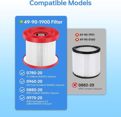Katerelis 2 Pack Washable 49-90-1900 Wet Dry Vacuum Filter, Replacement Compatible with Milwaukee M18 Vacuum 0780-20 0880-20, Includes 1 Cleaning Brush in Kuwait