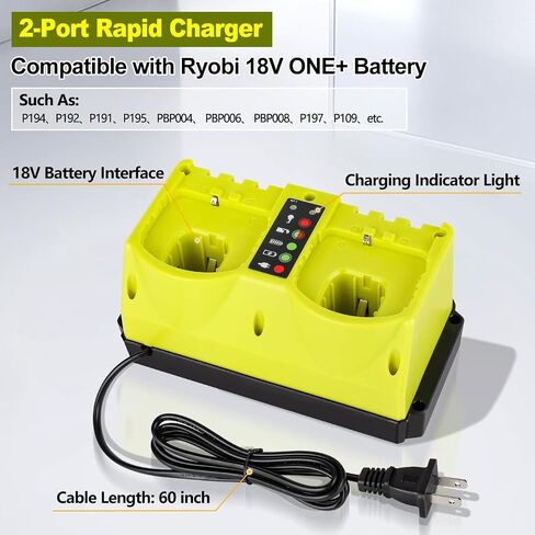 Rapid Charger Station 2 Port Compatible with Ryobi 18V Battery, Multi Tools Super Fast Charger Station Replacement for Ryobi 18V Chargers [ Battery Not Included ] in Kuwait