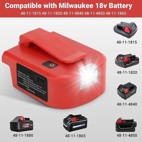 USB Charger Adapter for Mil-Waukee 18V Battery, with USB-A & Type-C, LED Flashlight – Turn M-18 M-12 Batteries into a Charger for Phones, Tablets, Shavers(Adapter Only) in Kuwait