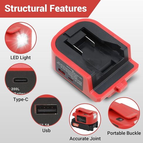 USB Charger Adapter for Mil-Waukee 18V Battery, with USB-A & Type-C, LED Flashlight – Turn M-18 M-12 Batteries into a Charger for Phones, Tablets, Shavers(Adapter Only) in Kuwait