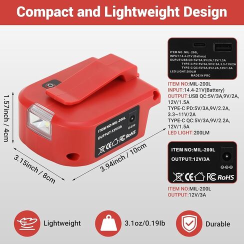 USB Charger Adapter for Mil-Waukee 18V Battery, with USB-A & Type-C, LED Flashlight – Turn M-18 M-12 Batteries into a Charger for Phones, Tablets, Shavers(Adapter Only) in Kuwait
