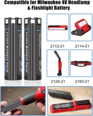 4.0Ah 4V Red Lithium USB Battery Replace for Milwaukee 48-11-2131 | 2 Packs, Replacement for Milwaukee 4V Headlamp & Flashlight Battery, with 3X Faster USB Charger, High Capacity in Kuwait