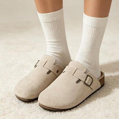 Women's Suede Mule Clogs - Square Toe Buckle Detail Slip-On Shoes with Platform Sole in Tan for Casual Daily & Fall Winter Wear in Kuwait