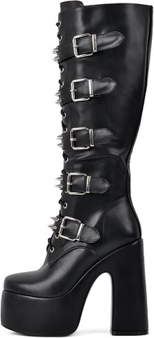 onlymaker Women's Knee-High Combat Boots Chunky High Heel Platform with Silver Buckles Studs Lace-Up in Kuwait
