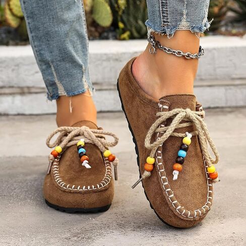 Women's Slip-On Mule Shoes Suede-Like Casual Clogs with Colorful Beaded Comfortable Flat Slippers in Kuwait
