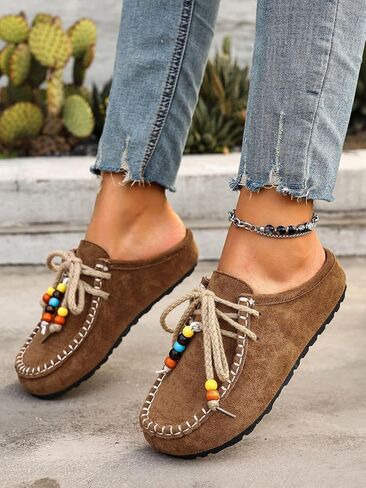 Women's Slip-On Mule Shoes Suede-Like Casual Clogs with Colorful Beaded Comfortable Flat Slippers in Kuwait