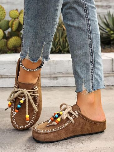 Women's Slip-On Mule Shoes Suede-Like Casual Clogs with Colorful Beaded Comfortable Flat Slippers in Kuwait