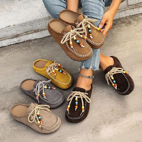 Women's Slip-On Mule Shoes Suede-Like Casual Clogs with Colorful Beaded Comfortable Flat Slippers in Kuwait