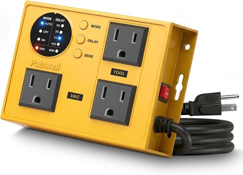 Automatic Vacuum Switch for Power Tools, 30W/60W Sync, Adjustable Delay | Tool activated outlet features visual LED indicators. Heavy-duty unibody chassis, 4 reinforced mounts, and 3.3ft long cord in Kuwait