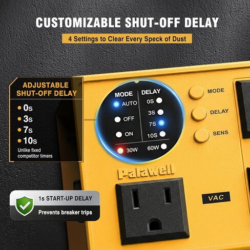 Automatic Vacuum Switch for Power Tools, 30W/60W Sync, Adjustable Delay | Tool activated outlet features visual LED indicators. Heavy-duty unibody chassis, 4 reinforced mounts, and 3.3ft long cord in Kuwait