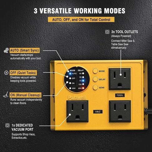 Automatic Vacuum Switch for Power Tools, 30W/60W Sync, Adjustable Delay | Tool activated outlet features visual LED indicators. Heavy-duty unibody chassis, 4 reinforced mounts, and 3.3ft long cord in Kuwait