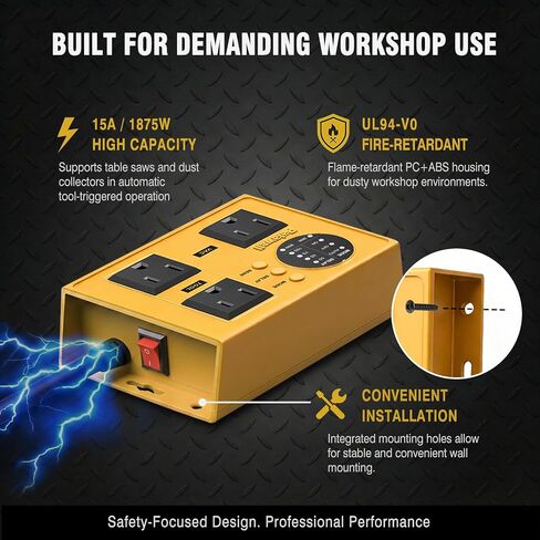 Automatic Vacuum Switch for Power Tools, 30W/60W Sync, Adjustable Delay | Tool activated outlet features visual LED indicators. Heavy-duty unibody chassis, 4 reinforced mounts, and 3.3ft long cord in Kuwait