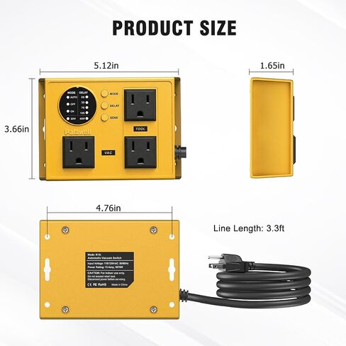 Automatic Vacuum Switch for Power Tools, 30W/60W Sync, Adjustable Delay | Tool activated outlet features visual LED indicators. Heavy-duty unibody chassis, 4 reinforced mounts, and 3.3ft long cord in Kuwait