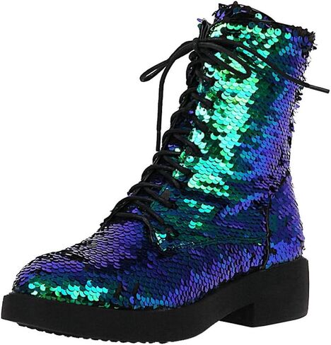 Caradise Womens Lace Up Glitter Combat Boots Chunky Heel Sequin Ankle Booties in Kuwait