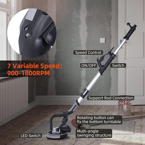 GarveeTech Drywall Sander, 750W Electric Drywall Sander 6.5A, 7 Variable Speed 900-1800 RPM Sander with LED Light, 14 Pcs Sanding discs, with Extendable Handle and Carrying Bag in Kuwait