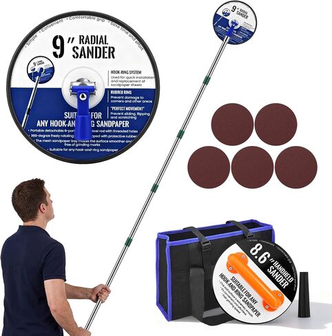Pole Sander for Drywall, 89 Inch Adjustable Extension Pole, Bag, 360° Rotating Circular Sanding Head for Walls and Ceilings, Complete with 5Pcs Sanding Sheets (80, 100, 120, 180, 240 Grit) in Kuwait