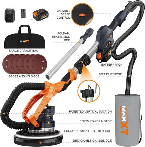 MAXXT Cordlees Drywall Sander with Vacuum Dust Collection, Brushless Electric Wall Sander with 7 Variable Speed Foldable Telescopic, Popcorn Ceiling Removal Tool, 2 Pack 4.0 Ah Battery and Charger in Kuwait