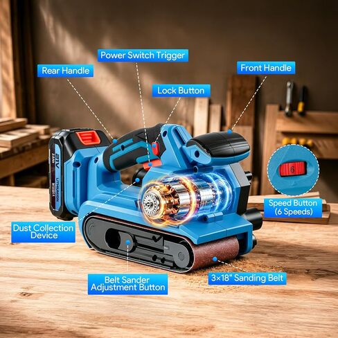 3"x18" Cordless Belt Sander Kit - 2 * 2.0Ah Batteries & Charger | 6-Speed Variable 120-400 m/min Power Belt Sander Portable Handheld Wood Sander with Dust Bag for Woodworking in Kuwait