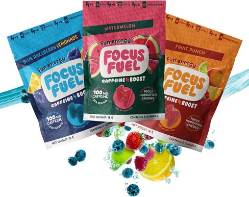 FocusFuel Energy Chews – Trial Size Variety Sample Pack (9 Servings) – 100mg Caffeine + Alpha GPC + L-Theanine + B12, Magnesium – Blue Razzberry Lemonade, Watermelon, Fruit Punch – No Crash or Jitters in Kuwait
