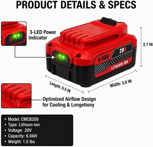 Replacement for Craftsman V20 20V Battery 6.0Ah | High Capacity Lithium-Ion Battery Pack Compatible with Craftsman 20V Series Tools in Kuwait