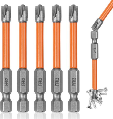 FPH2 Impact Screwdriver Bit Set - S2 Steel 65mm Cross And Slotted Heads, 1/4 Inch Hex Shank, Cross Slot Screw Driver Drill Bits, FPH2 Bits with Magnetic for Electricians (5pcs) in Kuwait