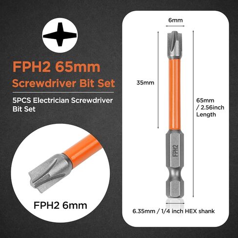 FPH2 Impact Screwdriver Bit Set - S2 Steel 65mm Cross And Slotted Heads, 1/4 Inch Hex Shank, Cross Slot Screw Driver Drill Bits, FPH2 Bits with Magnetic for Electricians (5pcs) in Kuwait